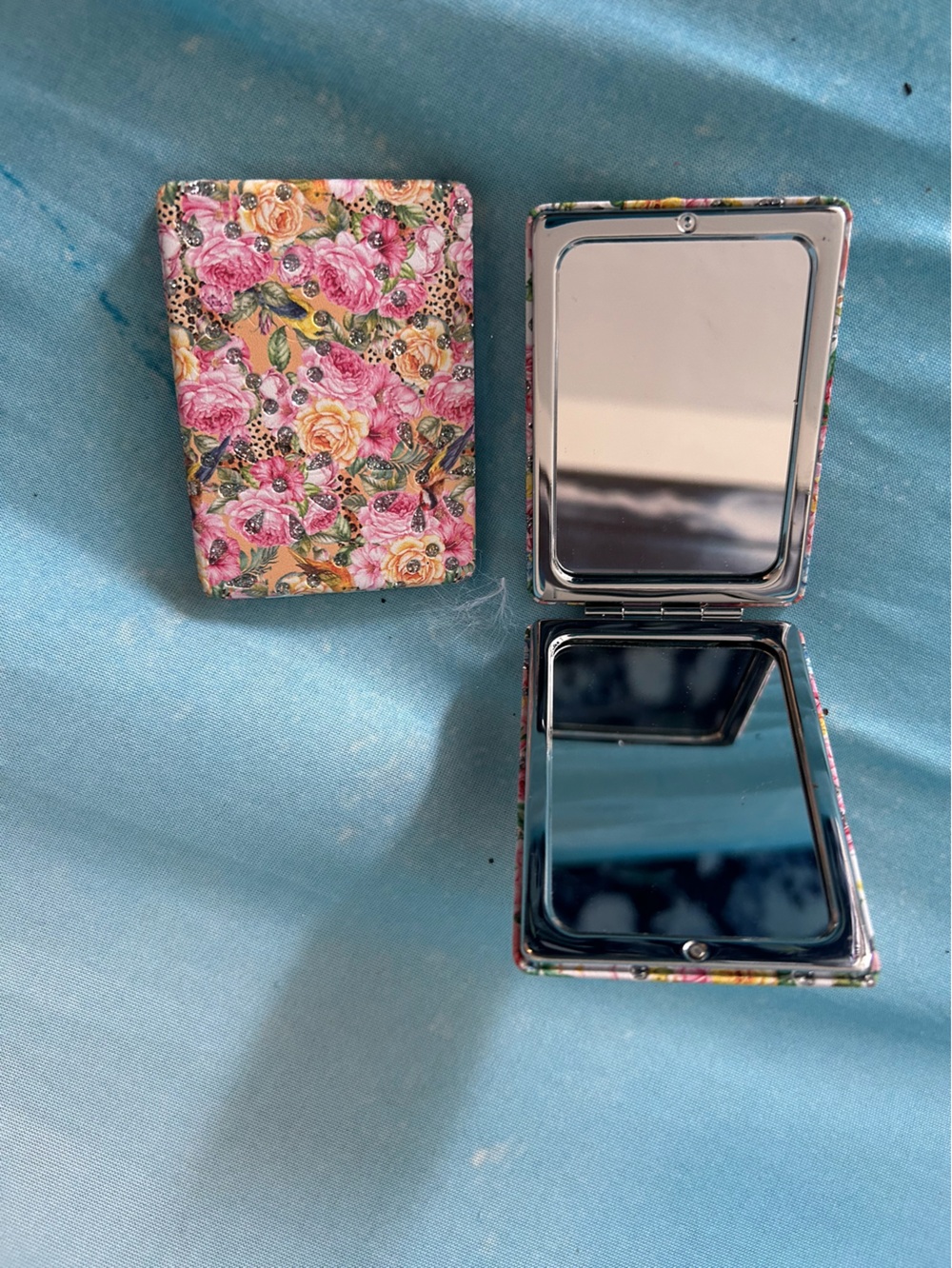 Floral Double Mirror Compact - Pink & Yellow Rose Pattern